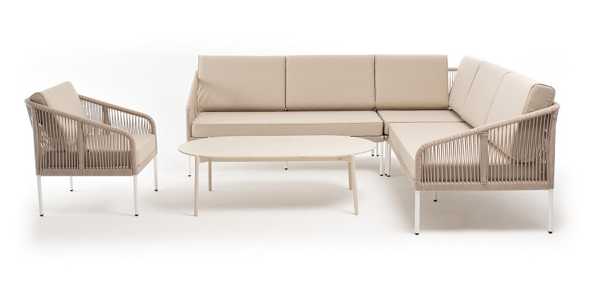 фото "канны" модульная угловая лаунж-зона из роупа (веревки) со столом "диего" (молочный), цвет бежевый