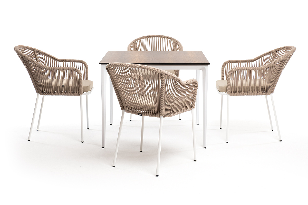 фото "малага" обеденная группа на 4 персоны со стульями "лион", каркас белый, роуп бежевый