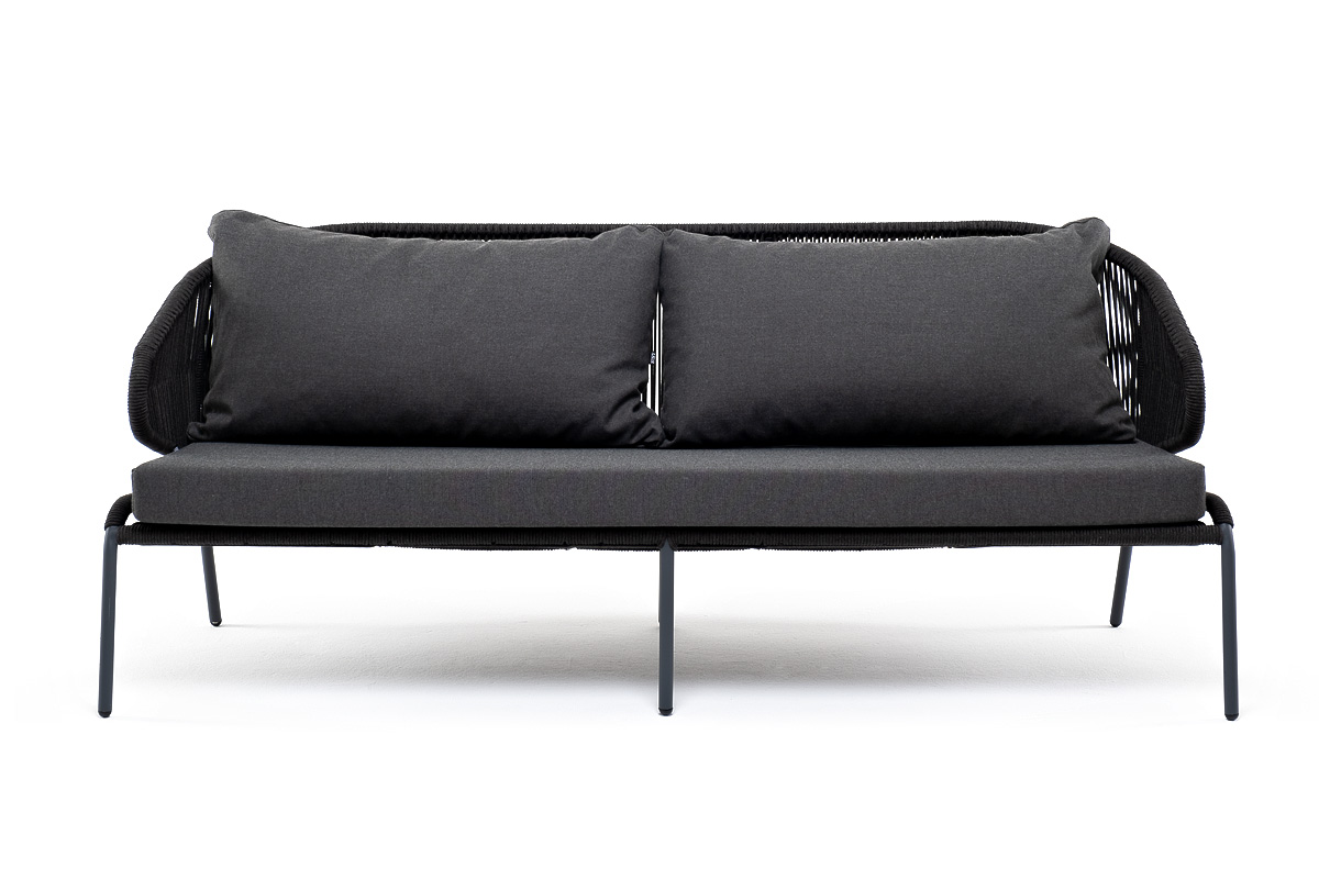 фото "милан" диван 3-местный плетеный из роупа, каркас алюминий темно-серый (ral7024) муар, роуп темно-серый круглый, ткань темно-серая 027