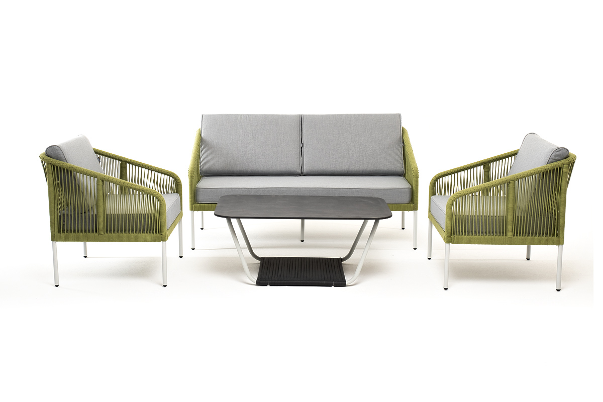 "Канны" лаунж-зона 4-местная из роупа со столом "Глория" (серый гранит), каркас алюминиевый светло-серый, роуп салатовый меланж фото "канны" лаунж-зона 4-местная из роупа со столом "глория" (серый гранит), каркас алюминиевый светло-серый, роуп салатовый меланж