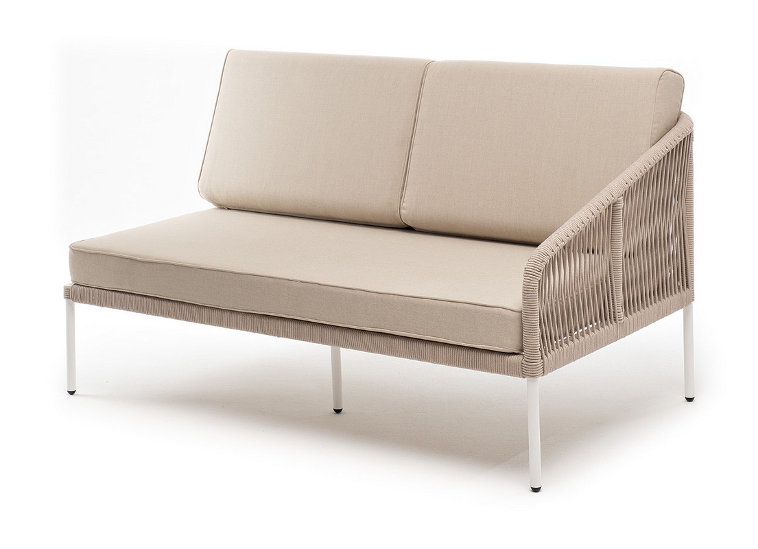 фото "канны" левый модуль плетеный из роупа, каркас алюминий белый муар, роуп бежевый круглый, ткань бежевая 15052