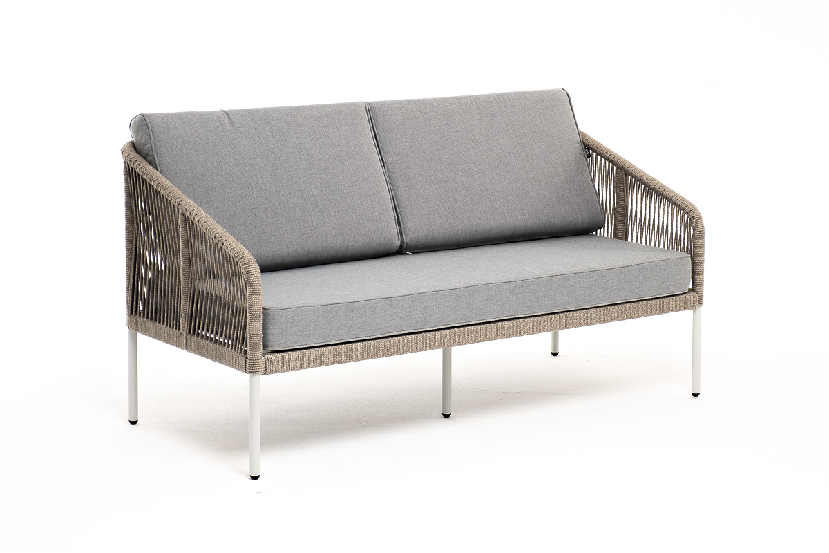 фото "канны" диван 2-местный плетеный из роупа, каркас алюминий светло-серый (ral7035) шагрень, роуп серый меланж круглый, ткань светло-серая