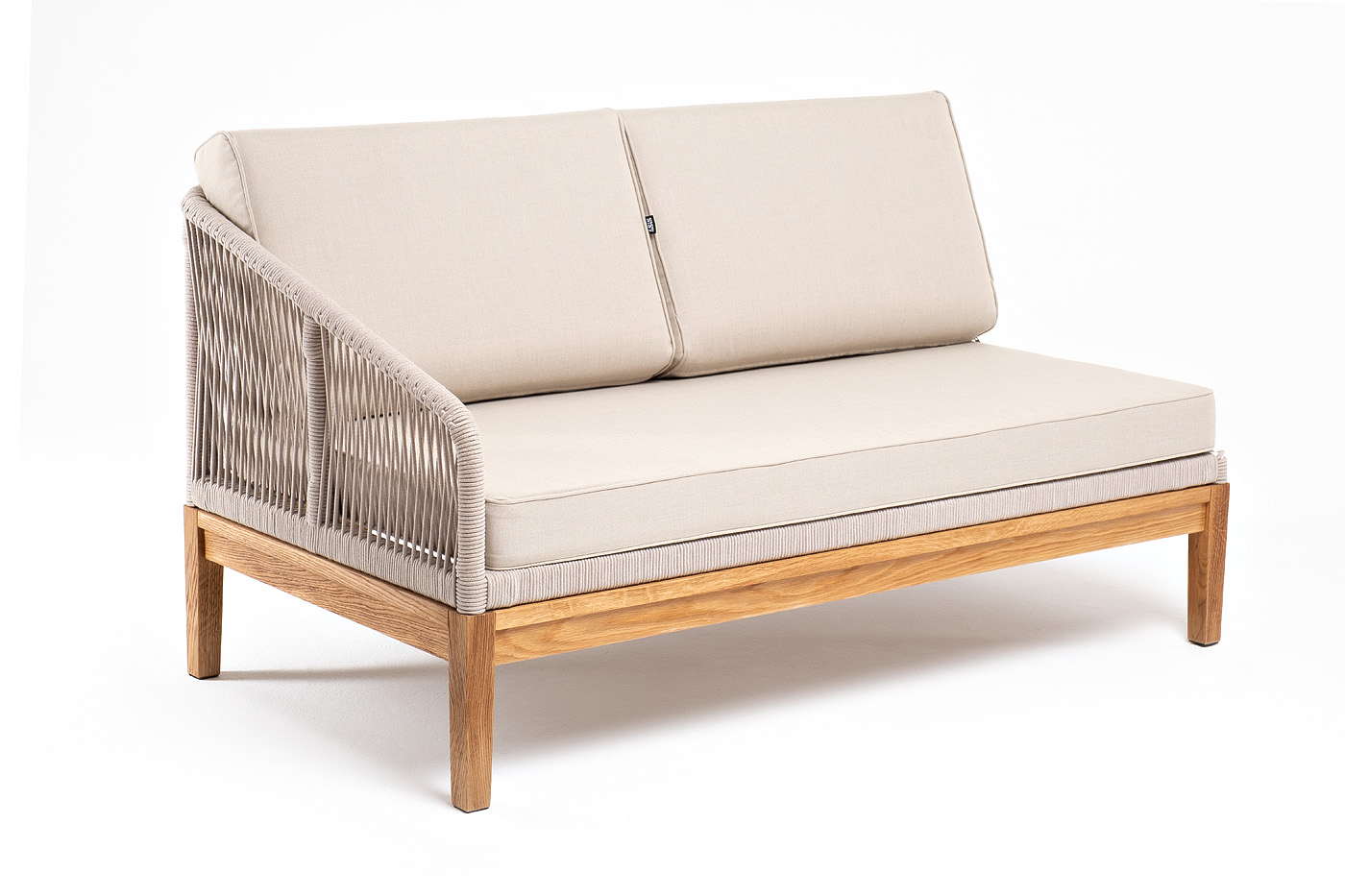 фото "канны" правый модуль плетеный из роупа, основание дуб, роуп бежевый круглый, ткань бежевая 052