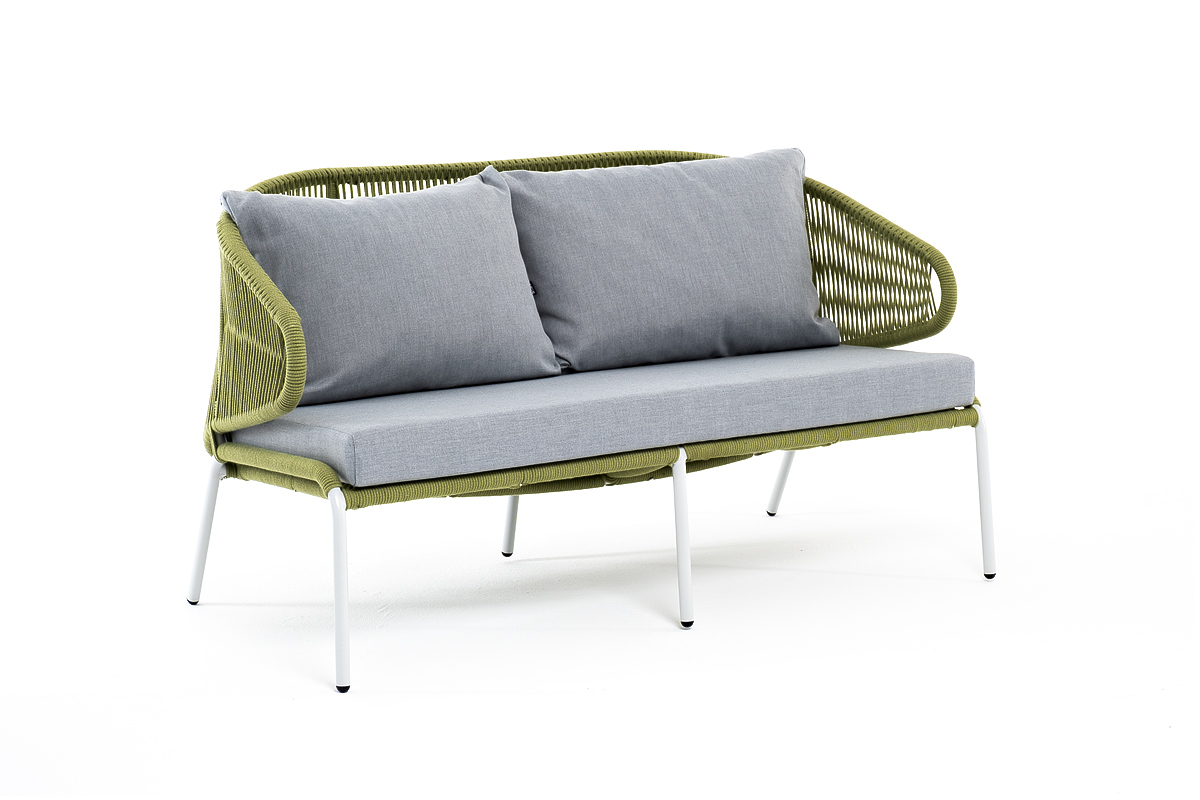 фото "милан" диван 2-местный плетеный из роупа, каркас алюминий светло-серый (ral7035) шагрень, роуп салатовый меланж круглый, ткань светло-серая