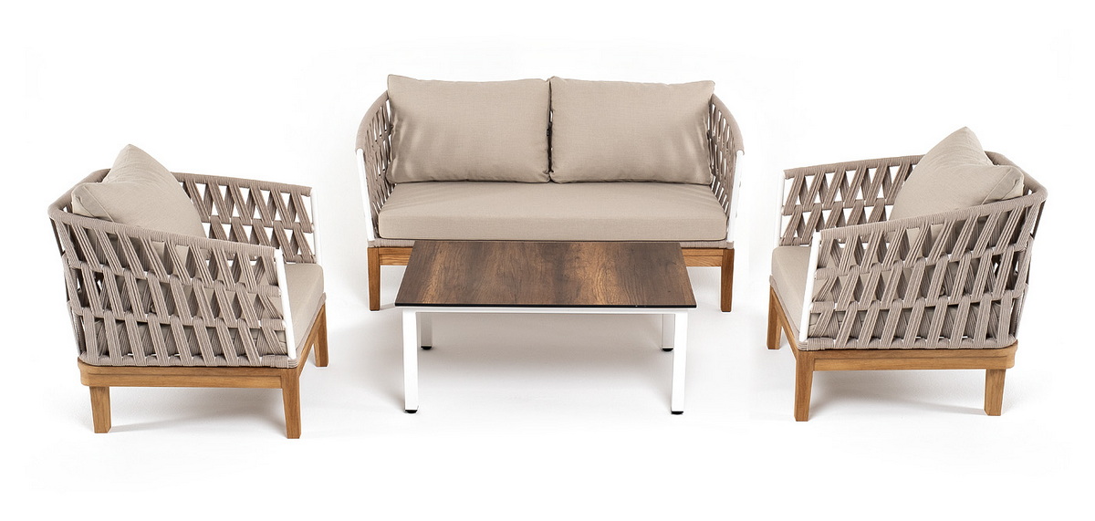 фото "диего" лаунж-зона 4-местная плетеная из роупа со столиком "канны" цвета "дуб", основание дуб, роуп бежевый