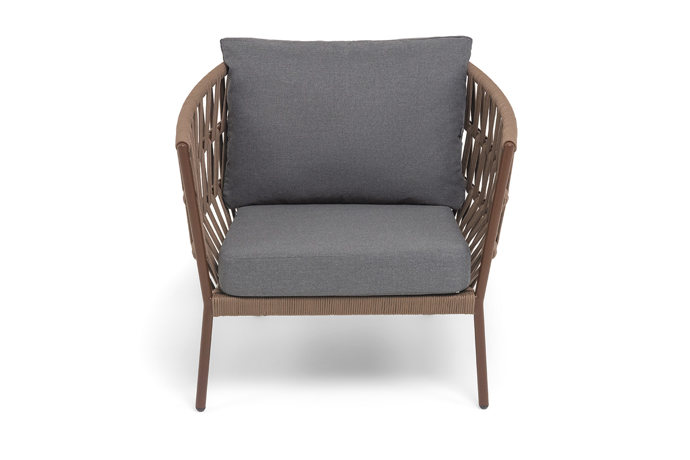 фото "диего" кресло плетеное из роупа, каркас алюминий коричневый (ral8016) муар, роуп коричневый круглый, ткань темно-серая 027