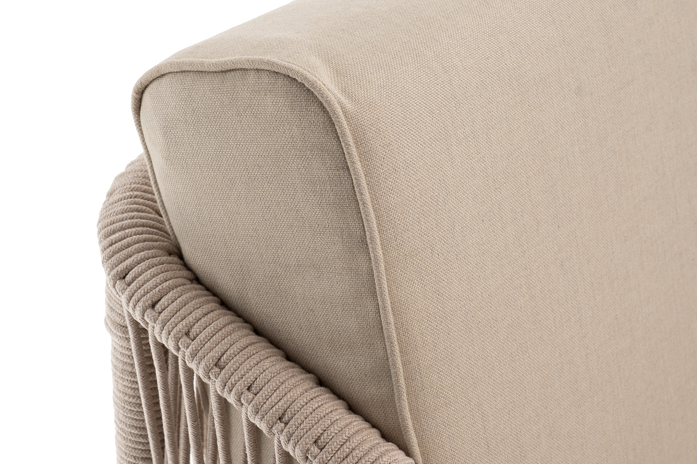 фото "канны" правый модуль плетеный из роупа, каркас алюминий белый муар, роуп бежевый круглый, ткань бежевая 15052