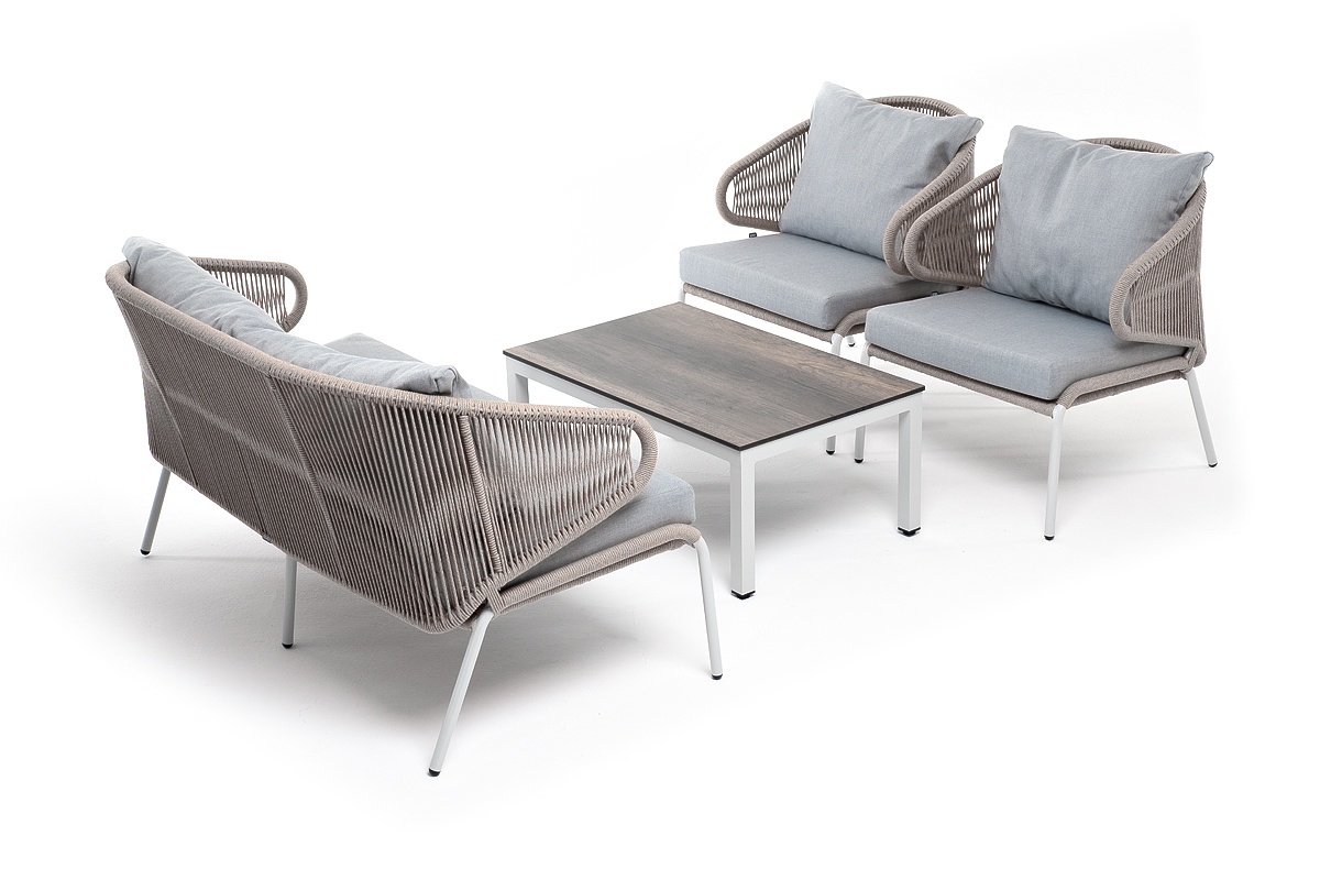 фото "милан" лаунж-зона 4-местная плетеная из роупа (веревки), каркас алюминиевый белый, роуп бежевый