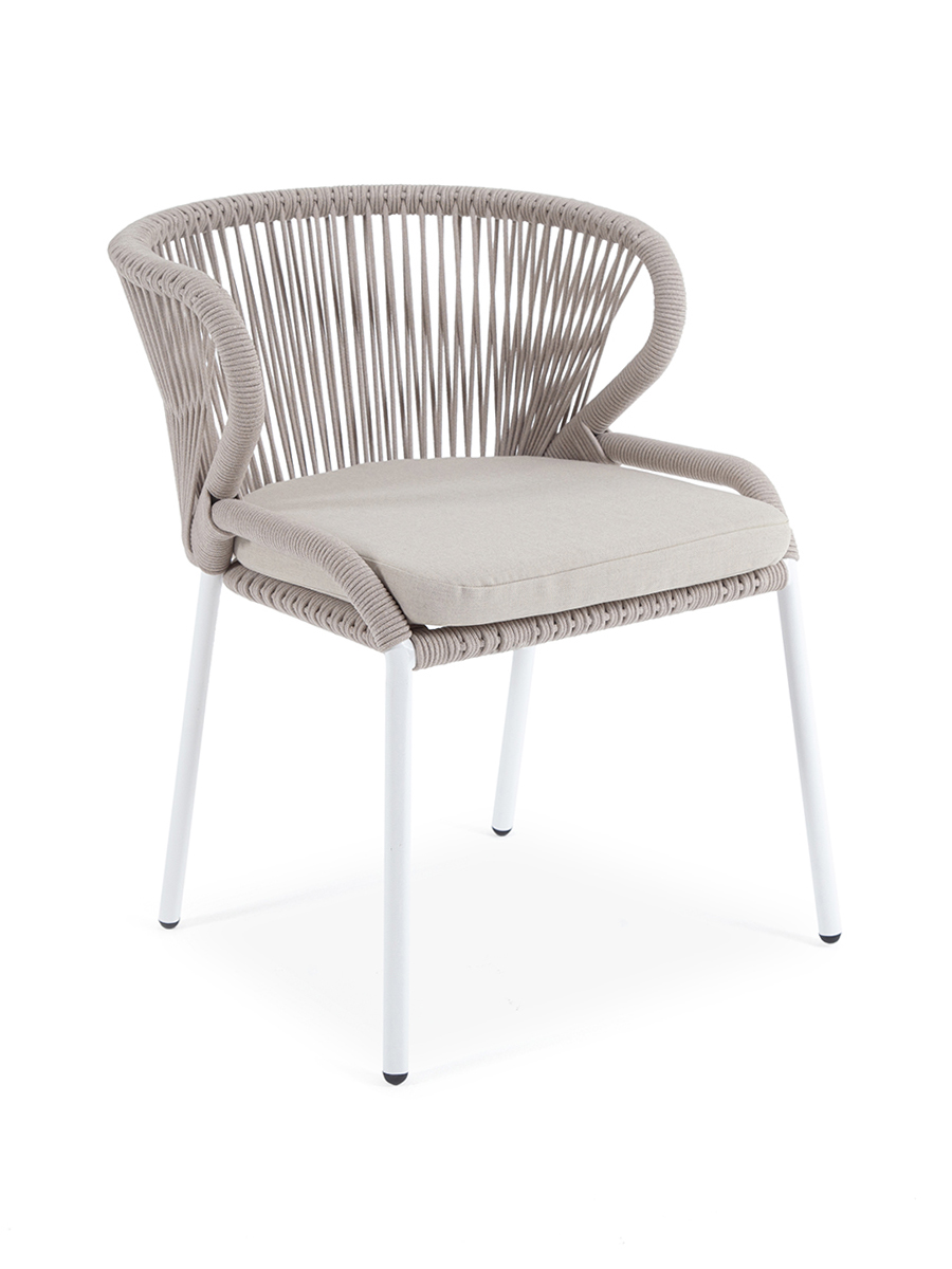 фото "милан" стул плетеный из роупа, каркас алюминий белый муар, роуп бежевый круглый, ткань бежевая 15052