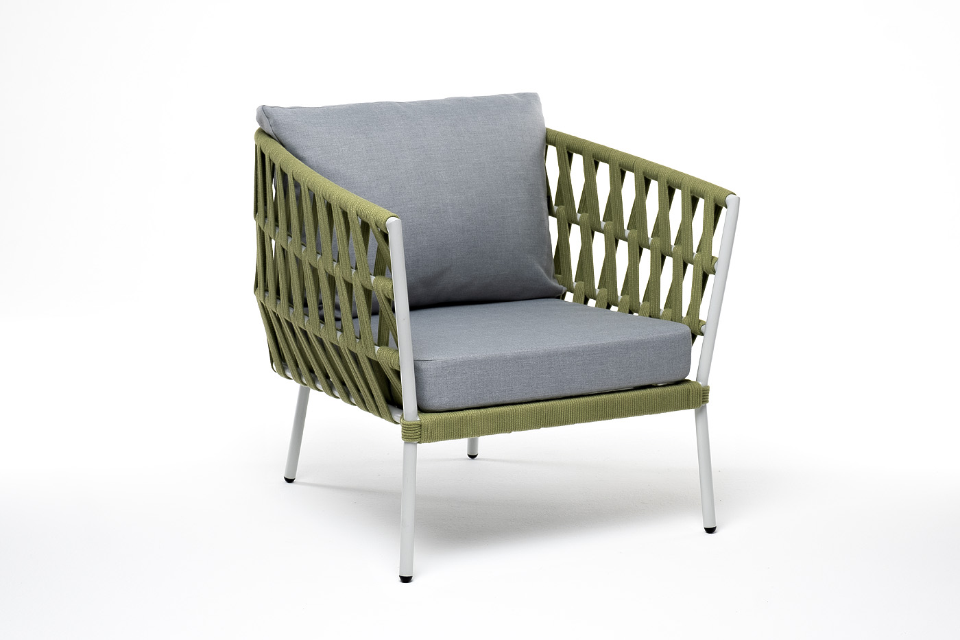 фото "диего" кресло плетеное из роупа, каркас алюминий светло-серый (ral7035) муар, роуп салатовый меланж круглый, ткань светло-серая