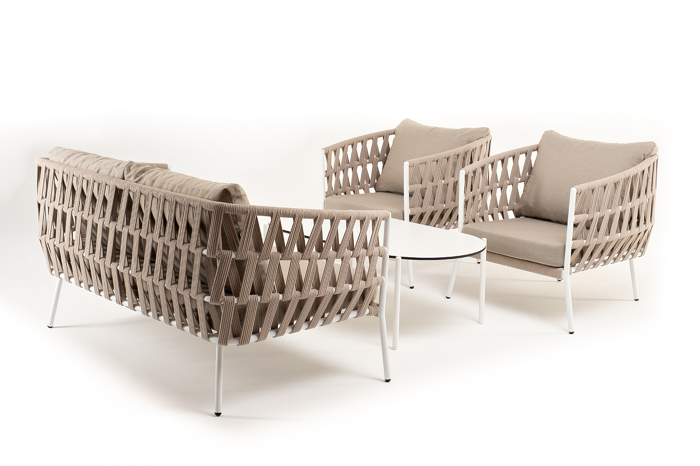 "Диего" лаунж-зона 4-местная плетеная из роупа (веревки), каркас алюминиевый белый, роуп бежевый фото "диего" лаунж-зона 4-местная плетеная из роупа (веревки), каркас алюминиевый белый, роуп бежевый