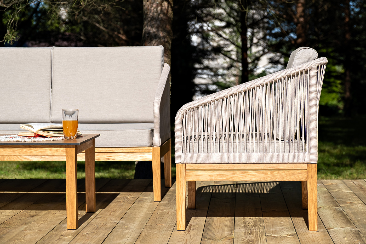 фото "канны" кресло плетеное из роупа, основание дуб, роуп бежевый круглый, ткань бежевая 15052