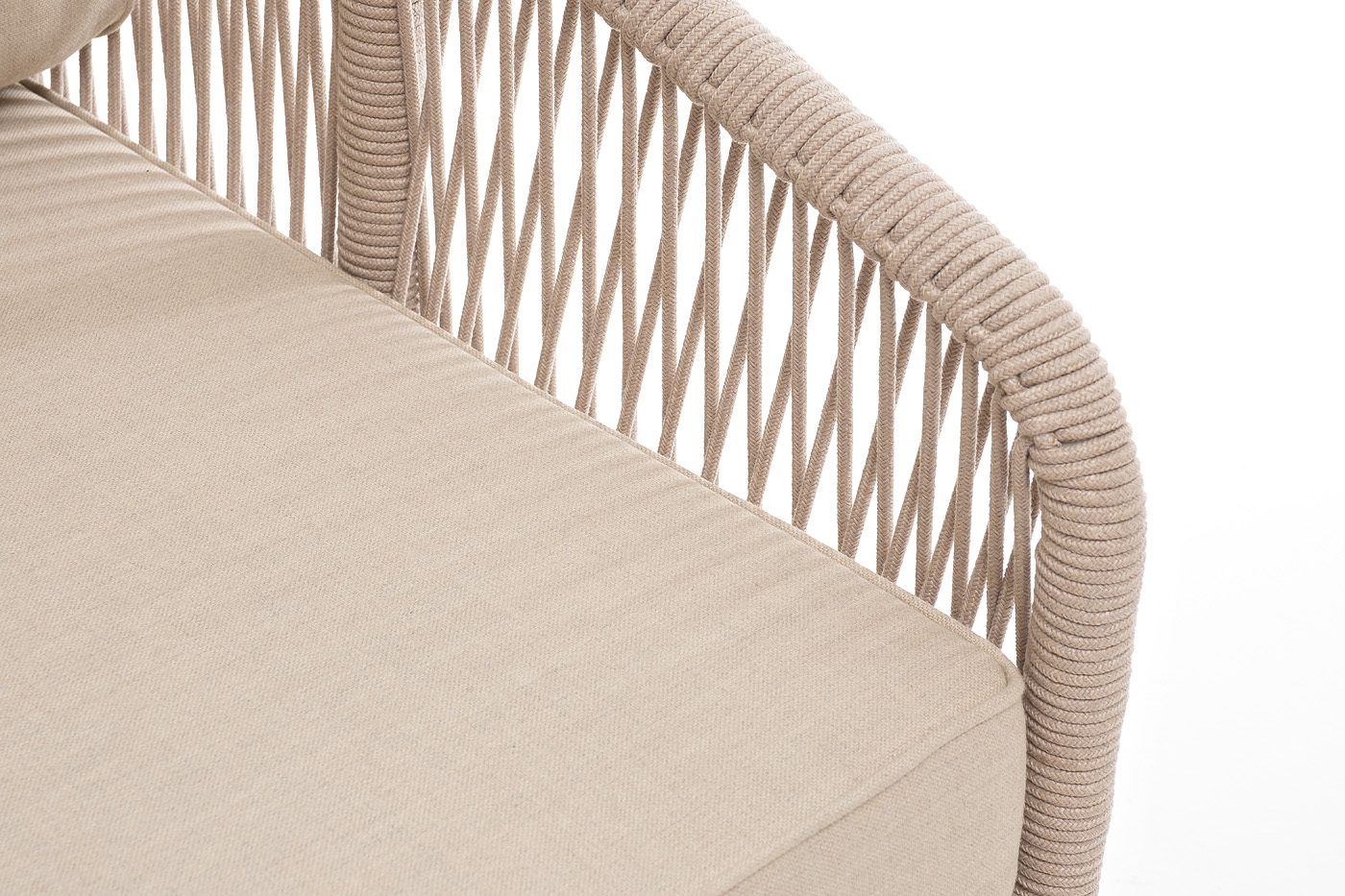 фото "канны" левый модуль плетеный из роупа, каркас алюминий белый муар, роуп бежевый круглый, ткань бежевая 15052