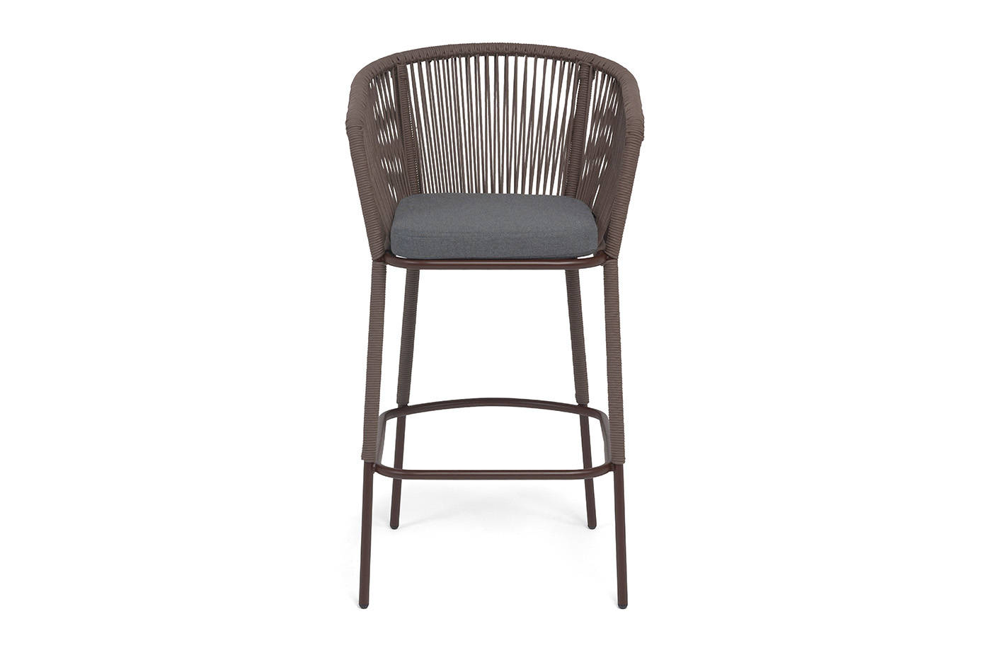 фото "марсель" стул барный плетеный из роупа, каркас из стали коричневый (ral8016) муар, роуп коричневый круглый, ткань темно-серая 027 new