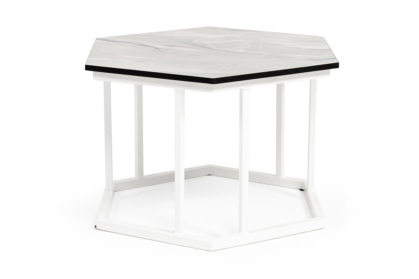 фото "женева" интерьерный стол из hpl шестиугольный, d50, h35, цвет "мрамор пепел", каркас из стали белый муар