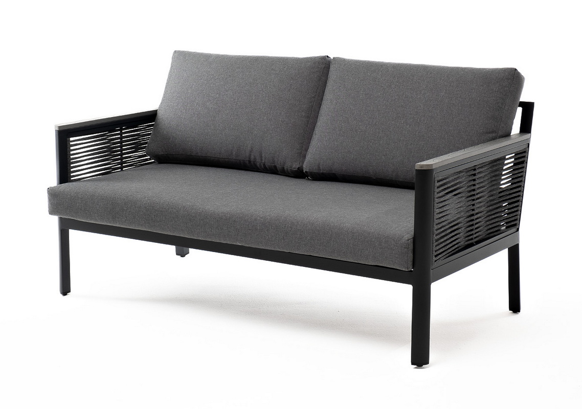 фото "сан ремо" диван 2-местный плетеный из роупа, каркас алюминий темно-серый, роуп серый, ткань серая