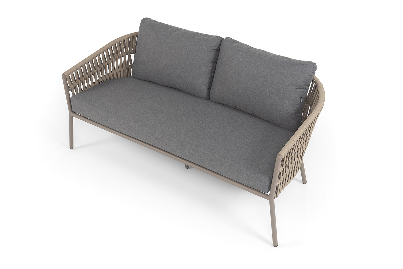 фото "комо" диван 2-местный плетеный из роупа, каркас алюминий бежево-серый (ral7006) муар, роуп серо-коричневый 23мм, ткань темно-серая 027