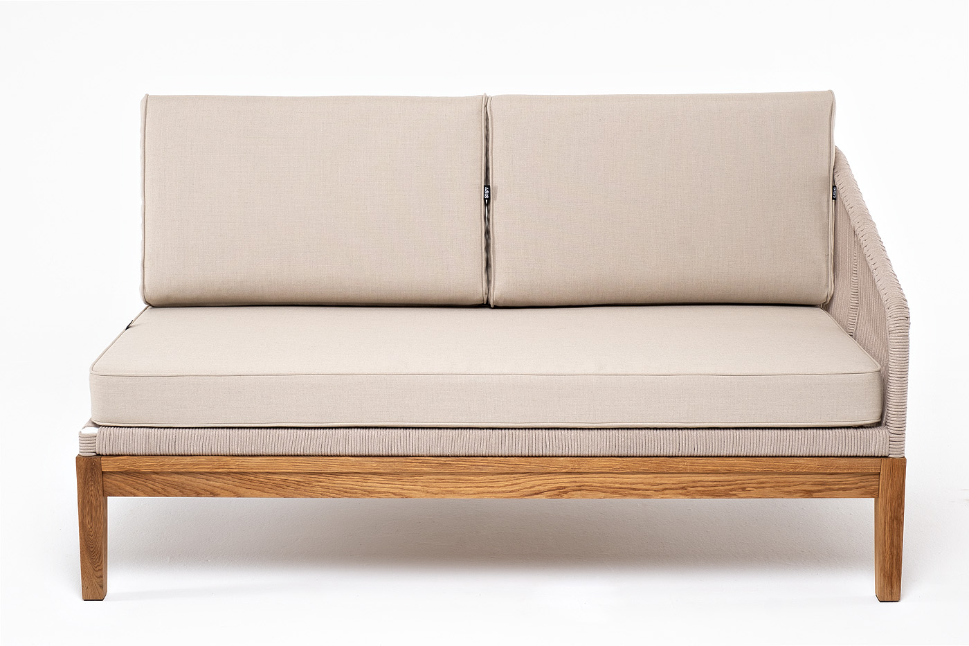 фото "канны" левый модуль плетеный из роупа, основание дуб, роуп бежевый круглый, ткань бежевая 052