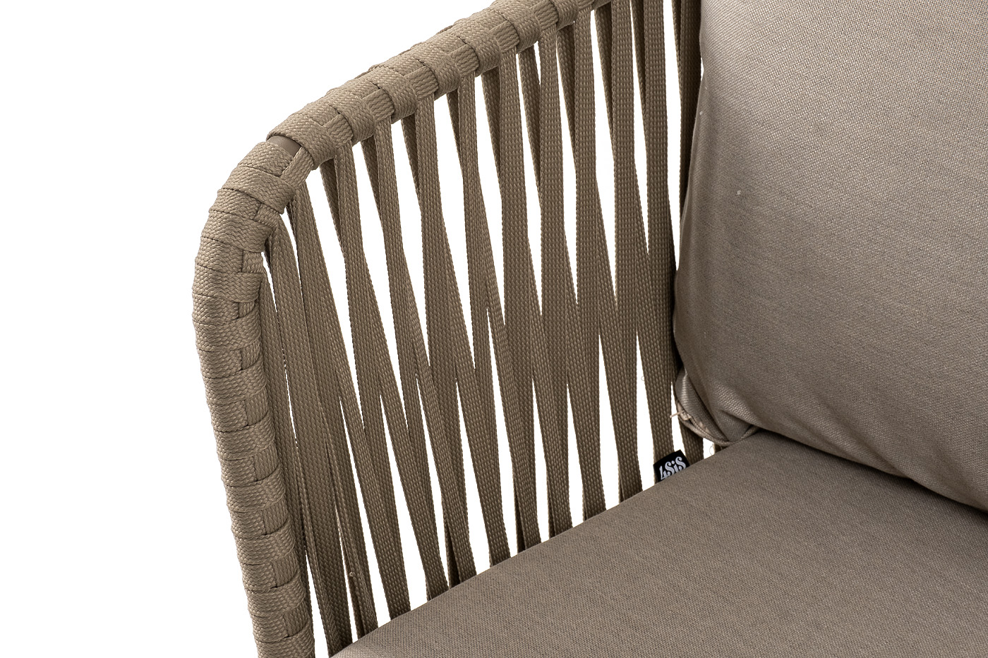 фото "мальорка" диван 3-местный плетеный из роупа, основание дуб, роуп серо-коричневый 23мм, ткань бежевая 15052