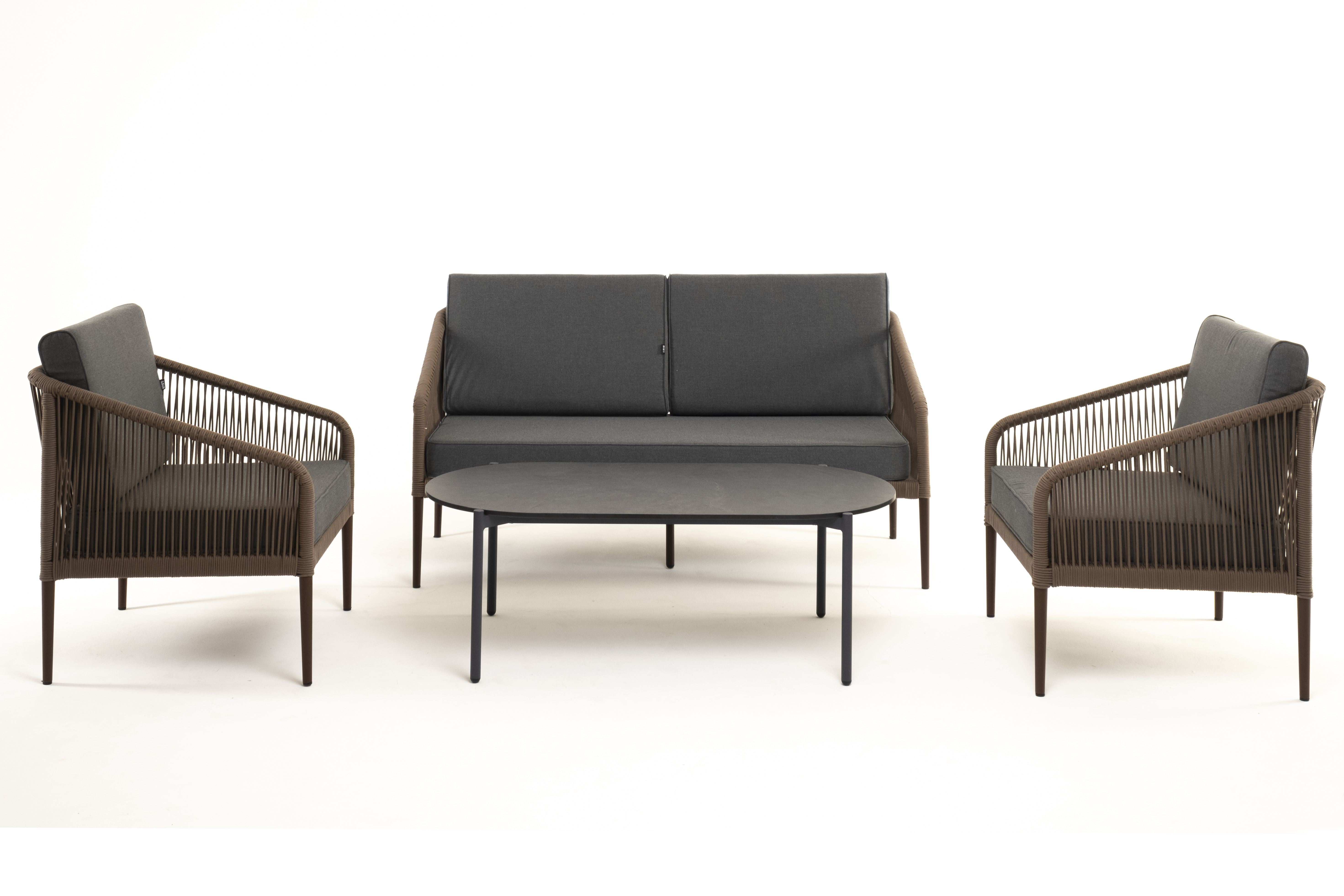 фото "канны" лаунж-зона 4-местная из роупа со столом "верона" (серый гранит), каркас алюминиевый коричневый, роуп коричневый