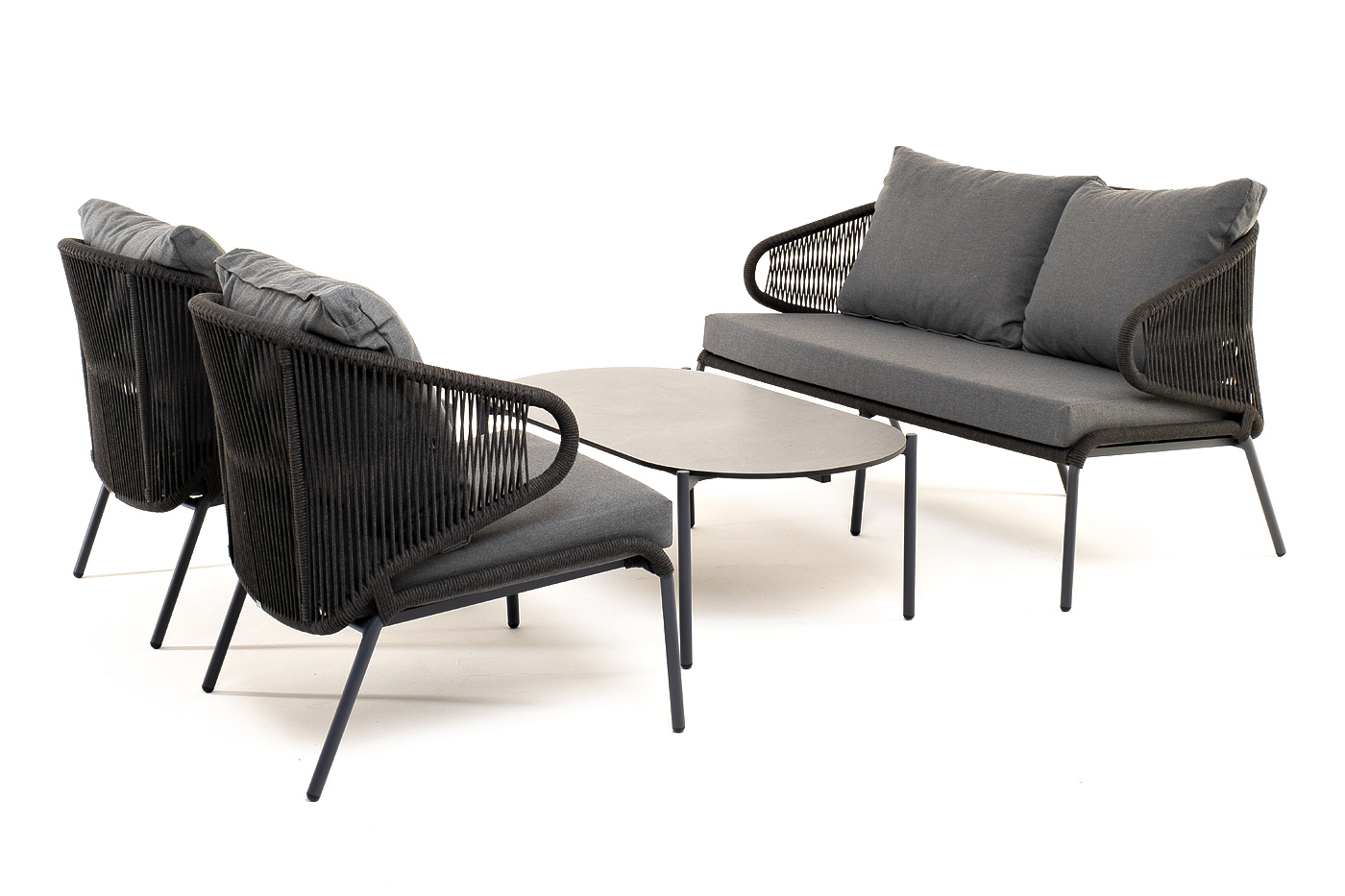 фото "милан" лаунж-зона 4-местная плетеная из роупа (веревки), каркас алюминиевый темно-серый, роуп темно-серый