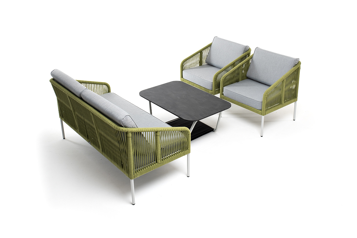 "Канны" лаунж-зона 4-местная из роупа со столом "Глория" (серый гранит), каркас алюминиевый светло-серый, роуп салатовый меланж фото "канны" лаунж-зона 4-местная из роупа со столом "глория" (серый гранит), каркас алюминиевый светло-серый, роуп салатовый меланж