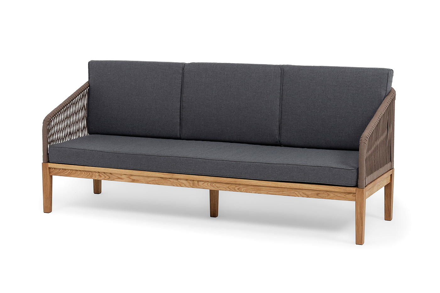 фото "канны" диван 3-местный плетеный из роупа, основание дуб, роуп коричневый круглый, ткань savana grafit