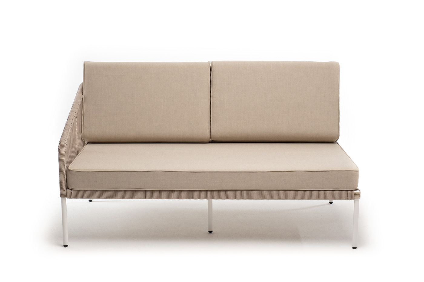 фото "канны" правый модуль плетеный из роупа, каркас алюминий белый муар, роуп бежевый круглый, ткань бежевая 15052