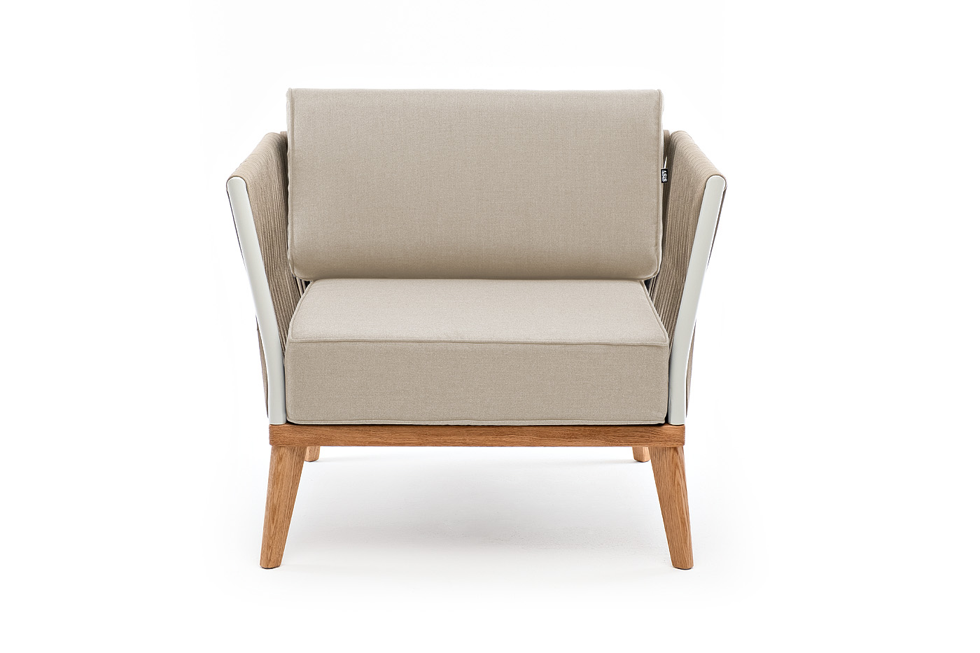 фото "касабланка" кресло плетеное из роупа, основание дуб, каркас алюминий светло-серый (ral7035) муар, роуп серо-коричневый 23мм, ткань бежевая 15052