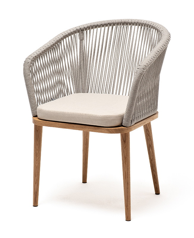 фото "марсель" стул плетеный из роупа, основание дуб, роуп серый меланж круглый, ткань бежевая 052