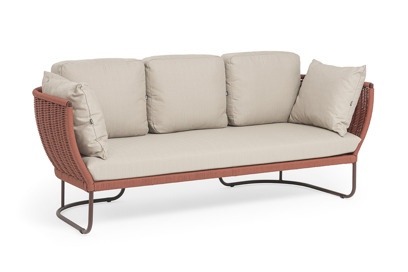 фото "фиджи" диван 3-местный плетеный из роупа, каркас алюминий коричневый (ral8016) муар, роуп красный (8372) круглый tex, ткань mossle бежевая