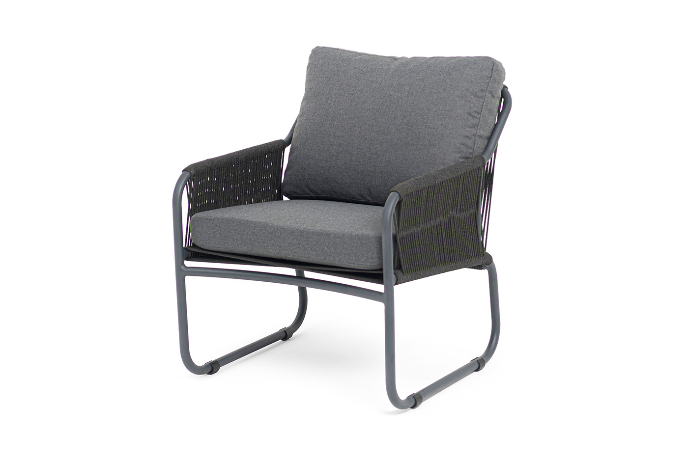 фото "ането" кресло плетеное из роупа, каркас алюминий темно-серый (ral7024) муар, роуп темно-серый круглый, ткань темно-серая 027
