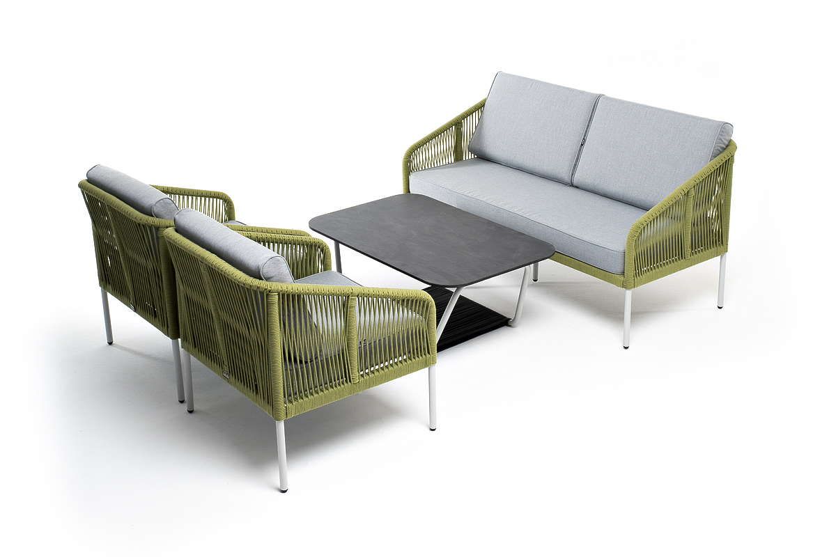 "Канны" лаунж-зона 4-местная из роупа со столом "Глория" (серый гранит), каркас алюминиевый светло-серый, роуп салатовый меланж фото "канны" лаунж-зона 4-местная из роупа со столом "глория" (серый гранит), каркас алюминиевый светло-серый, роуп салатовый меланж