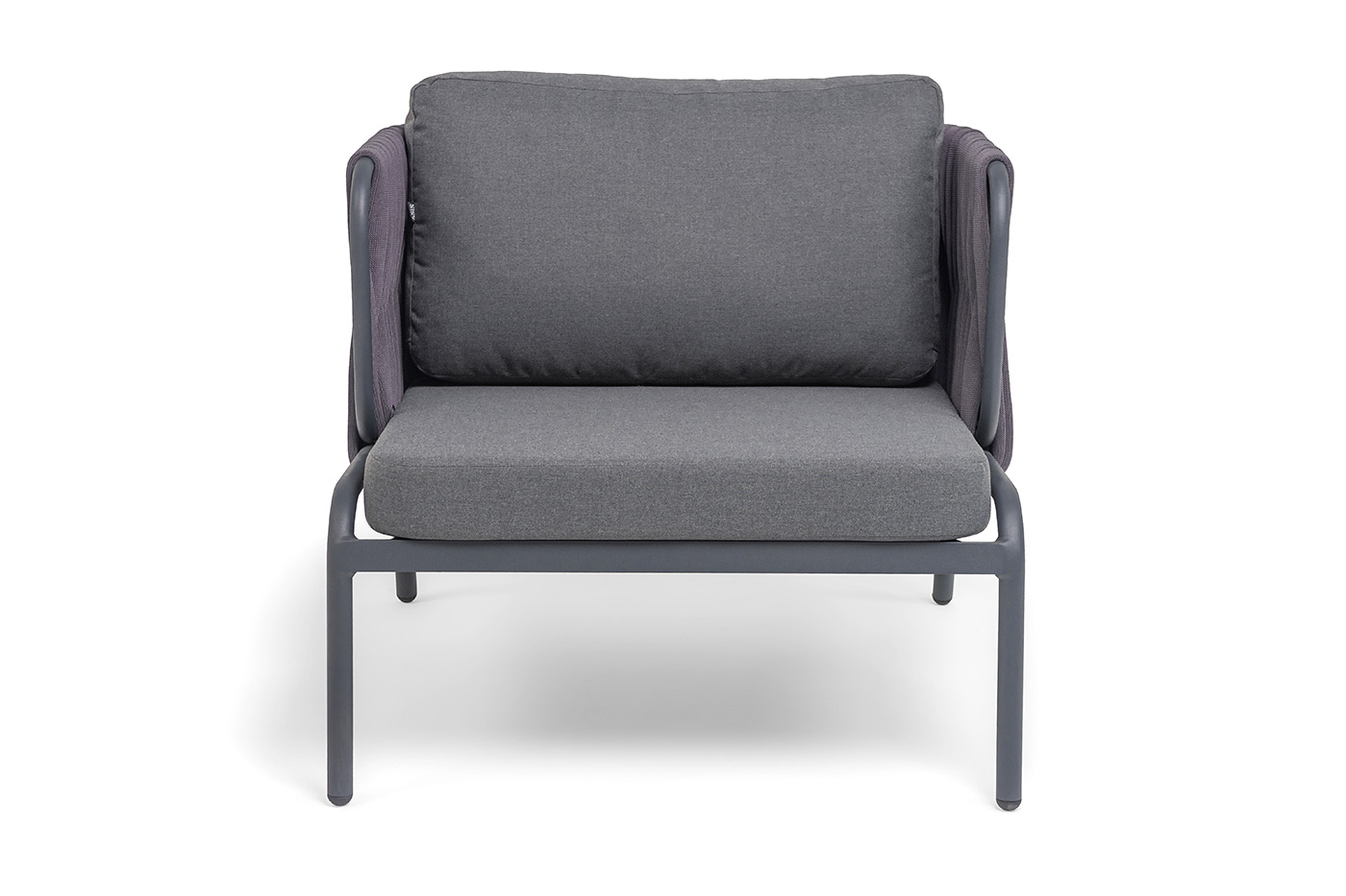 фото "ронда" кресло плетеное из роупа, каркас алюминий темно-серый (ral7024) муар, роуп серый 40 мм tex, ткань темно-серая 027