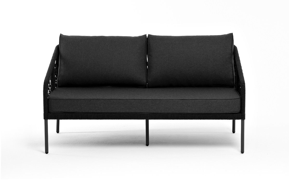 фото "канны" диван 2-местный плетеный из роупа (узелки), каркас алюминий темно-серый (ral7024) муар, роуп темно-серый круглый, ткань темно-серая 027