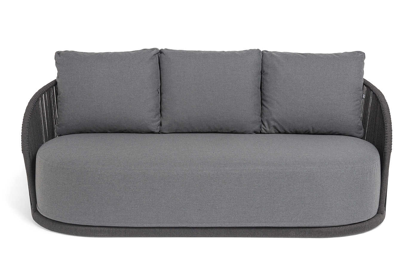 фото "монтелла" диван 3-местный плетеный из роупа, каркас алюминий темно-серый (ral7024) муар, роуп темно-серый круглый, ткань темно-серая 027