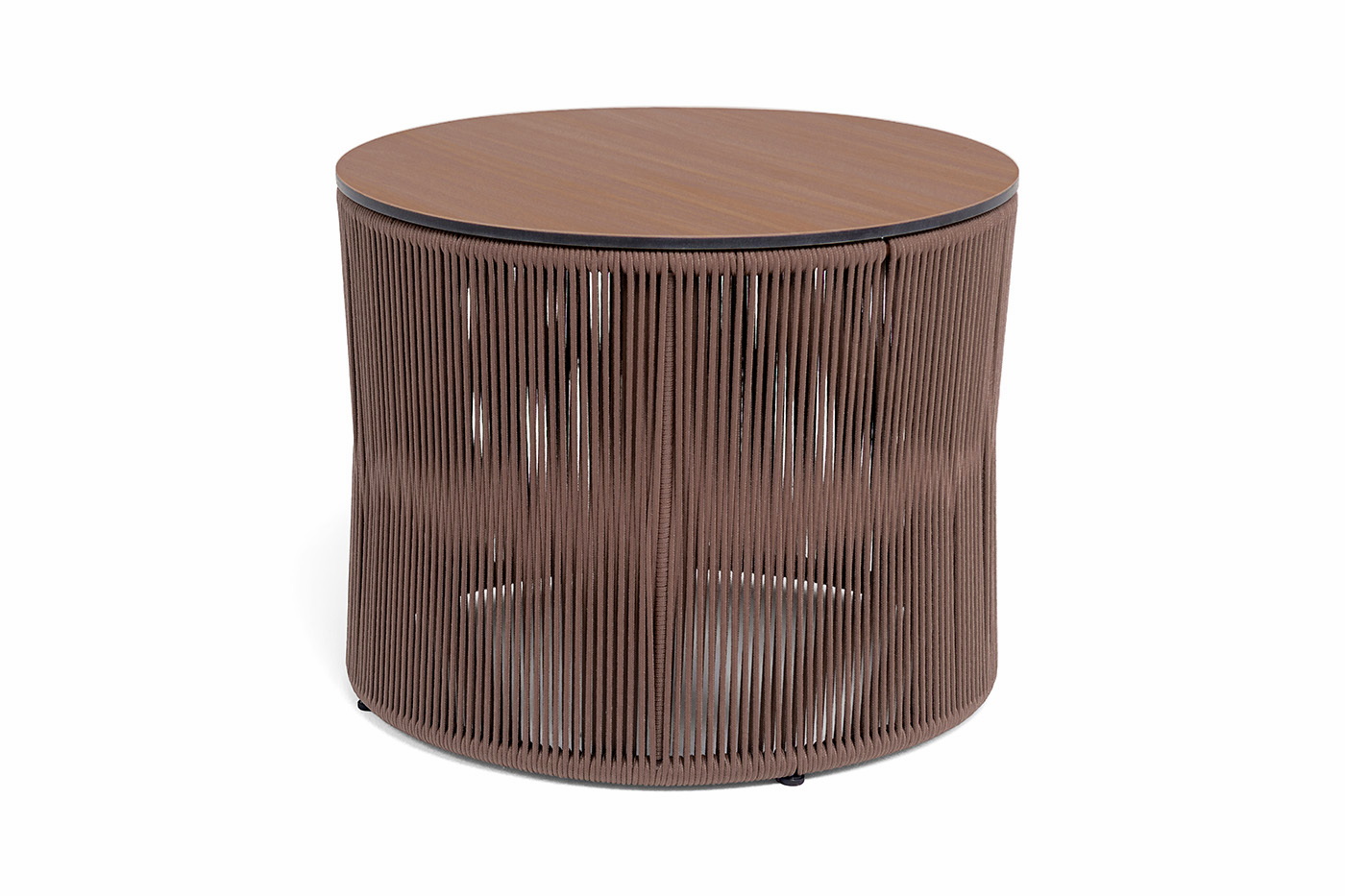 фото "авиньон" журнальный стол из hpl круглый ø70 h55, каркас из алюминия коричневый (ral8016) муар, цвет "дуб", роуп коричневый круглый