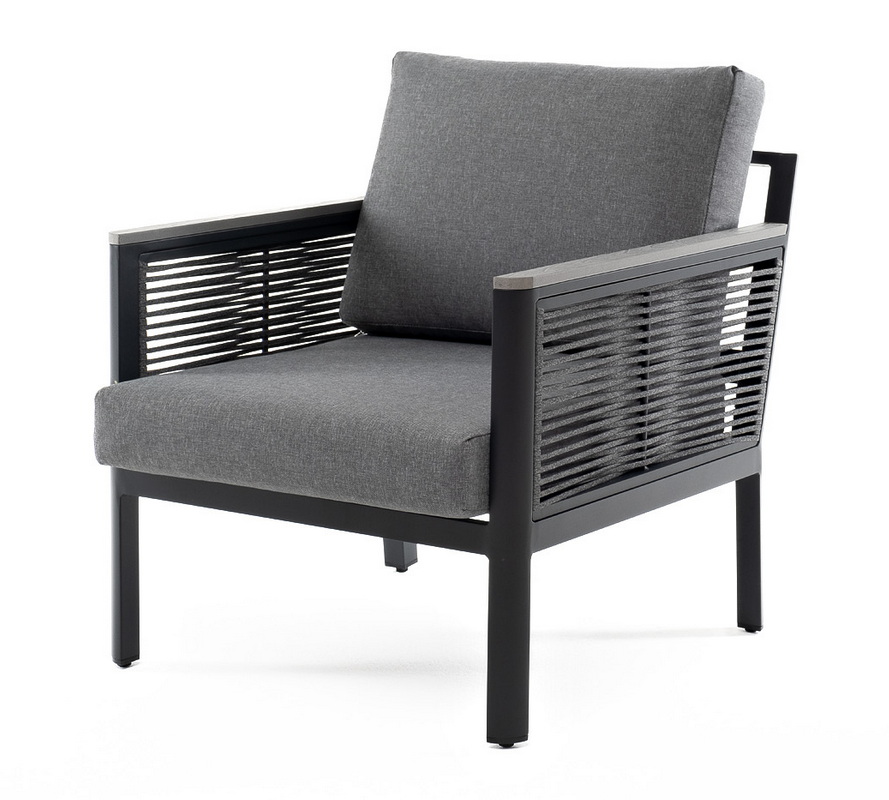 фото "сан ремо" кресло плетеное из роупа садовое, каркас алюминий темно-серый, роуп серый, ткань серая