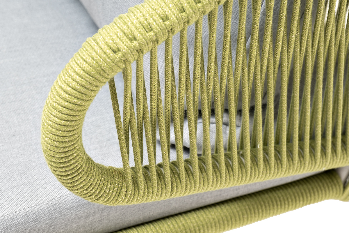 "Милан" кресло плетеное из роупа, каркас алюминий светло-серый (RAL7035) муар, роуп салатовый меланж круглый, ткань светло-серая фото "милан" кресло плетеное из роупа, каркас алюминий светло-серый (ral7035) муар, роуп салатовый меланж круглый, ткань светло-серая