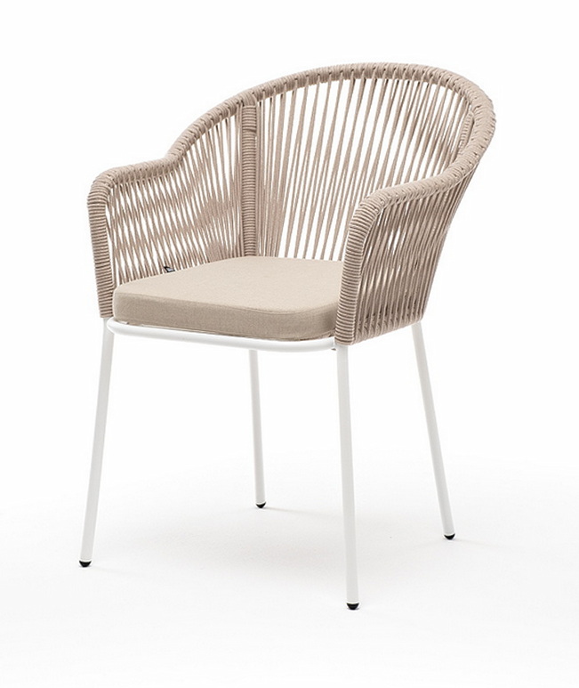 "Лион" стул плетеный из роупа, каркас из стали белый муар, роуп бежевый круглый, ткань бежевая фото "лион" стул плетеный из роупа, каркас из стали белый муар, роуп бежевый круглый, ткань бежевая