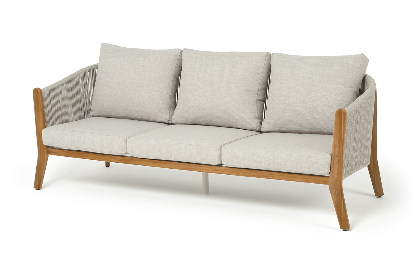 фото "сидней" диван 3-местный плетеный из роупа, основание тик, каркас алюминий бежевый, роуп бежевый, ткань бежевая