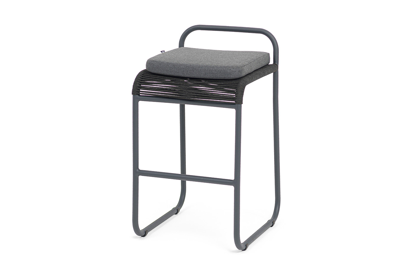 фото "ането" стул барный плетеный из роупа, каркас алюминий темно-серый (ral7024) муар, роуп темно-серый круглый, ткань темно-серая 027