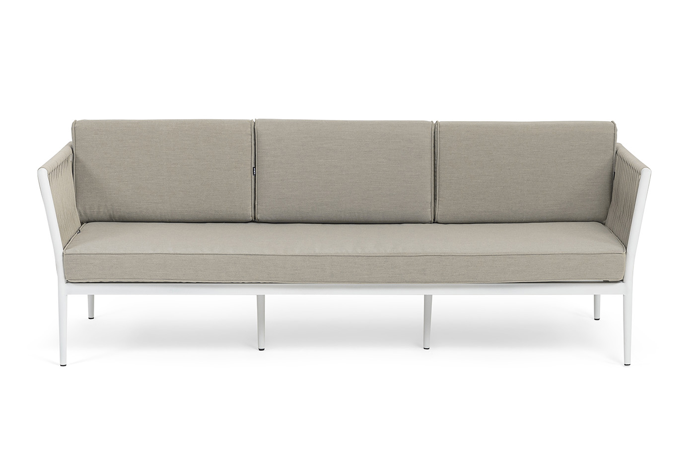 фото "касабланка" диван 3-местный плетеный из роупа, каркас алюминий белый муар, роуп бежевый 20мм, ткань бежевая 052