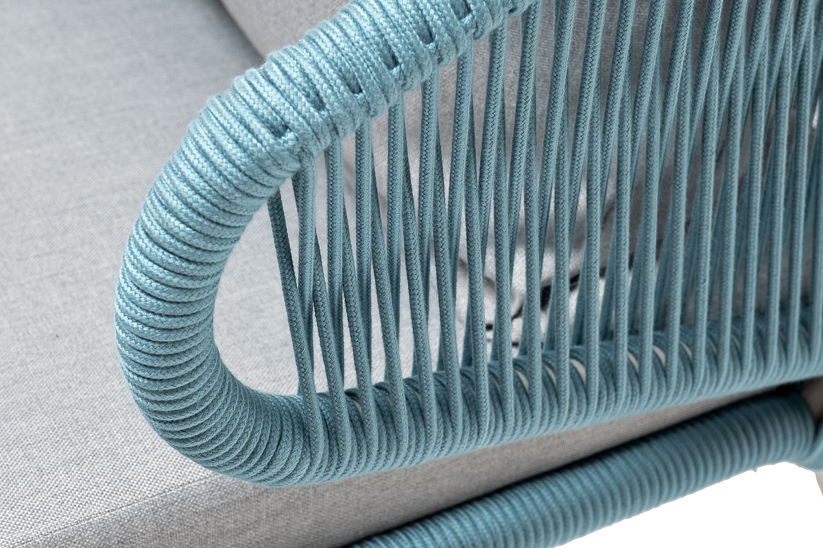 фото "милан" кресло плетеное из роупа, каркас алюминий светло-серый (ral7035) муар, роуп бирюзовый круглый, ткань светло-серая