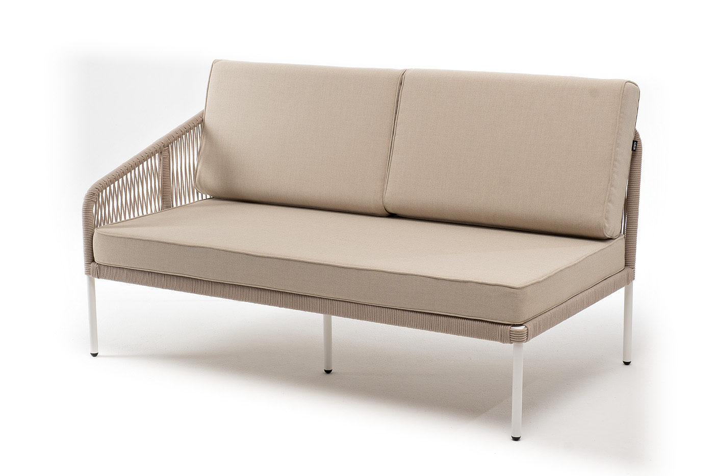 фото "канны" правый модуль плетеный из роупа, каркас алюминий белый муар, роуп бежевый круглый, ткань бежевая 15052