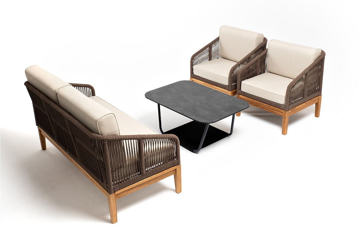 фото "канны" лаунж-зона 4-местная из роупа со столом "гранада" (серый гранит), основание дуб, роуп коричневый, ткань бежевая