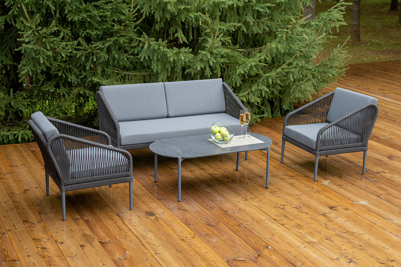 фото "канны" лаунж-зона 4-местная (разборная) из роупа со столиком "диего" цвета "серый гранит", роуп темно-серый круглый, ткань темно-серая