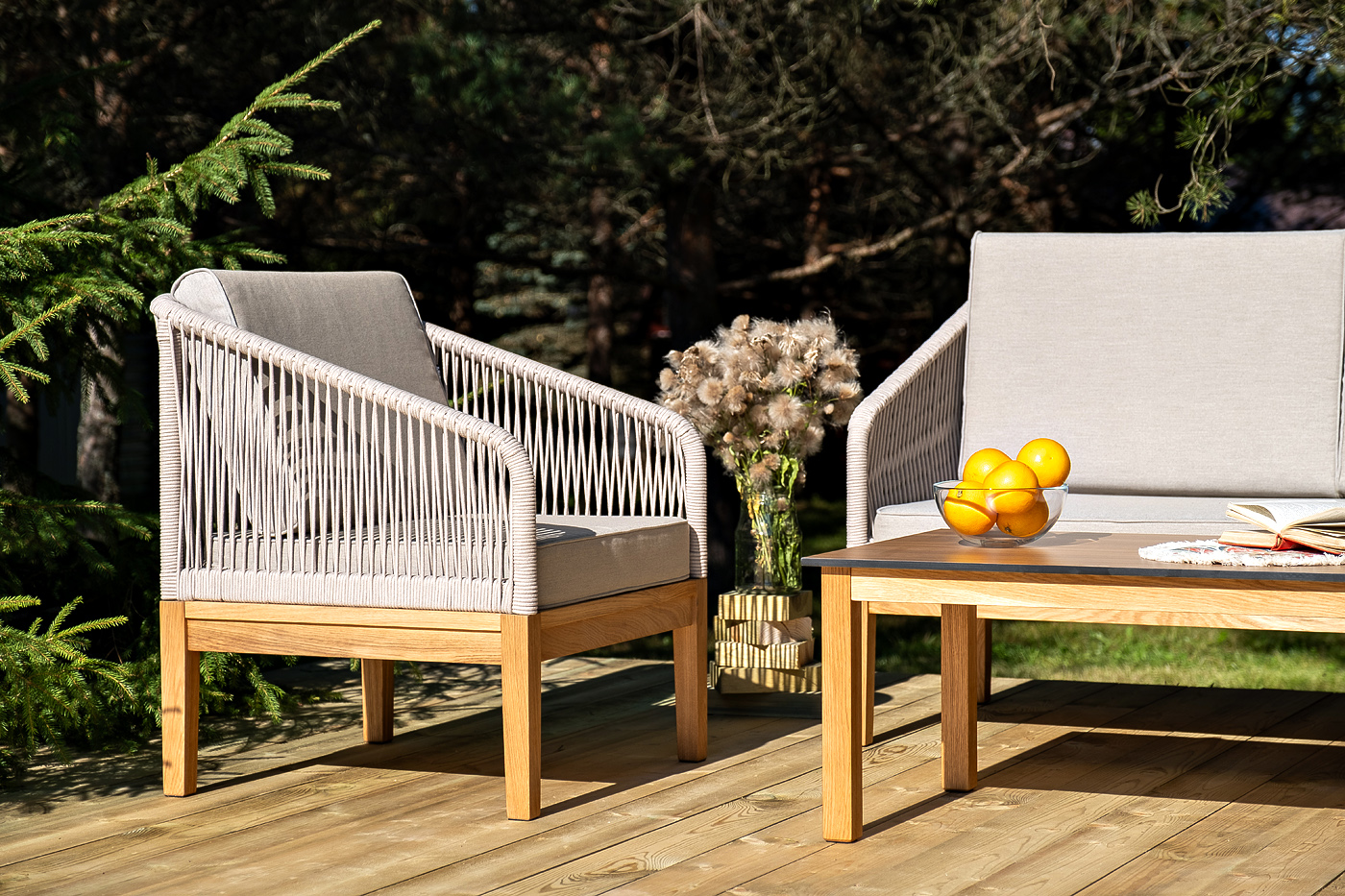 фото "канны" кресло плетеное из роупа, основание дуб, роуп бежевый круглый, ткань бежевая 15052