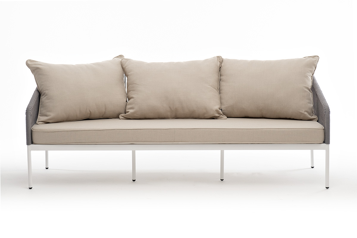 фото "канны" диван 3-местный плетеный из роупа, каркас алюминий белый муар, роуп светло-серый круглый, ткань бежевая 15052