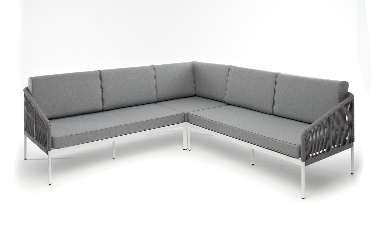фото "канны" диван модульный плетеный из роупа, каркас алюминий белый, роуп светло-серый круглый, ткань светло-серая